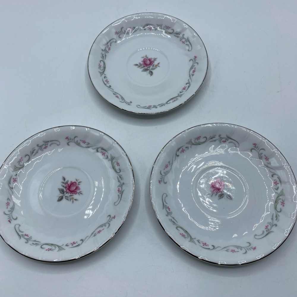 Royal Swirl Fine China Japan Pink Rose Saucer Set Of 3 Silver Trim Vintage